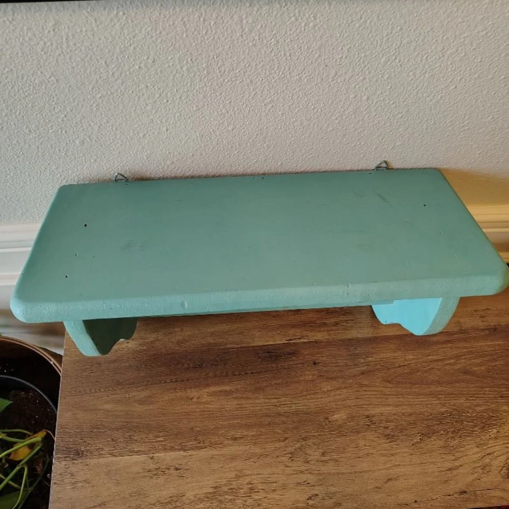 Vtg Wooden Display Hanging Shelf Towel Bar Painted Turquoise Beach Cottage Decor